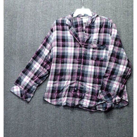 Victorias Secret 2pc Pajama PJ Set Large Plaid Pink Black Metallic Long Sleeve - Picture 2 of 13